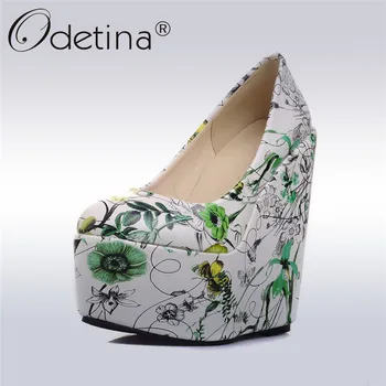 

Odetina 2017 Fashion Women Flower Floral Print Pumps Platform Wedges Extreme High Heels Round Toe Ladies Party Shoes Big Size 43