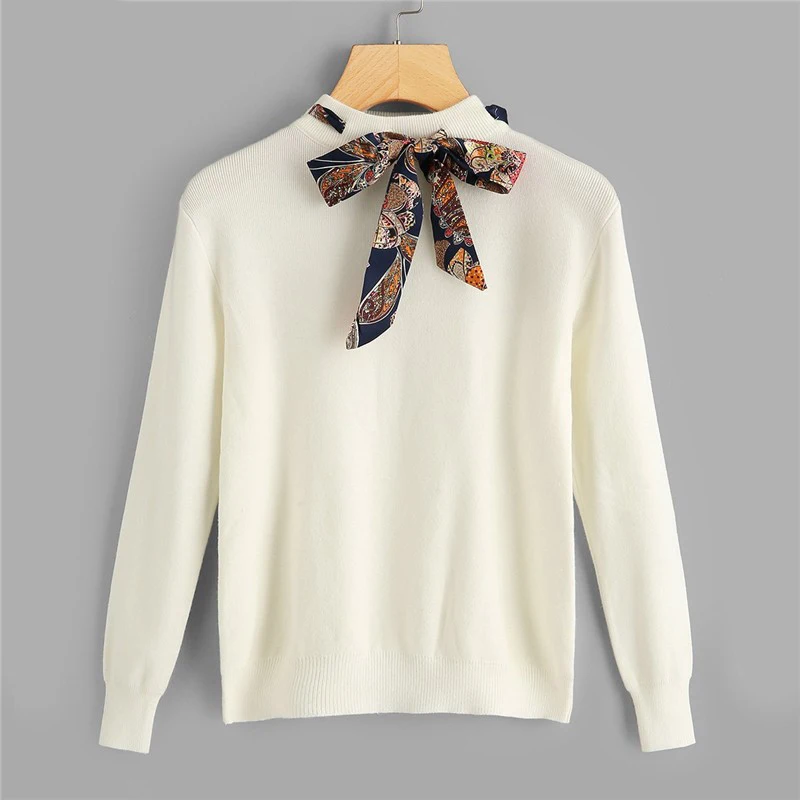 Preppy معقود الديكور التعادل الرقبة الوقوف طوق الصلبة عارضة النساء سترة جديد الخريف الحرم الجامعي Highstreet البلوفرات البلوزات