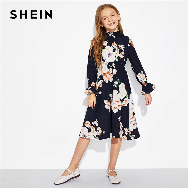 SHEIN/элегантное платье для девочек с цветочным принтом и стоячим воротником; одежда для детей; коллекция года; сезон весна; корейские Повседневные платья трапециевидной формы с длинными рукавами