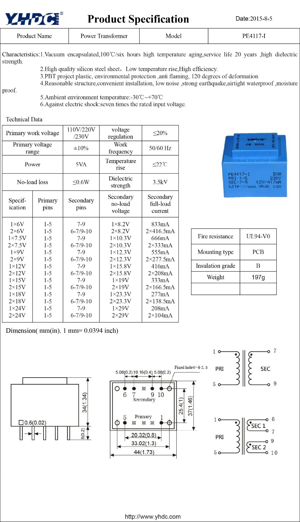 YHDC PE4117-I мощность 5VA 230 V/12 V герметизированный трансформатор для PCB монтируемый изоляционный трансформатор