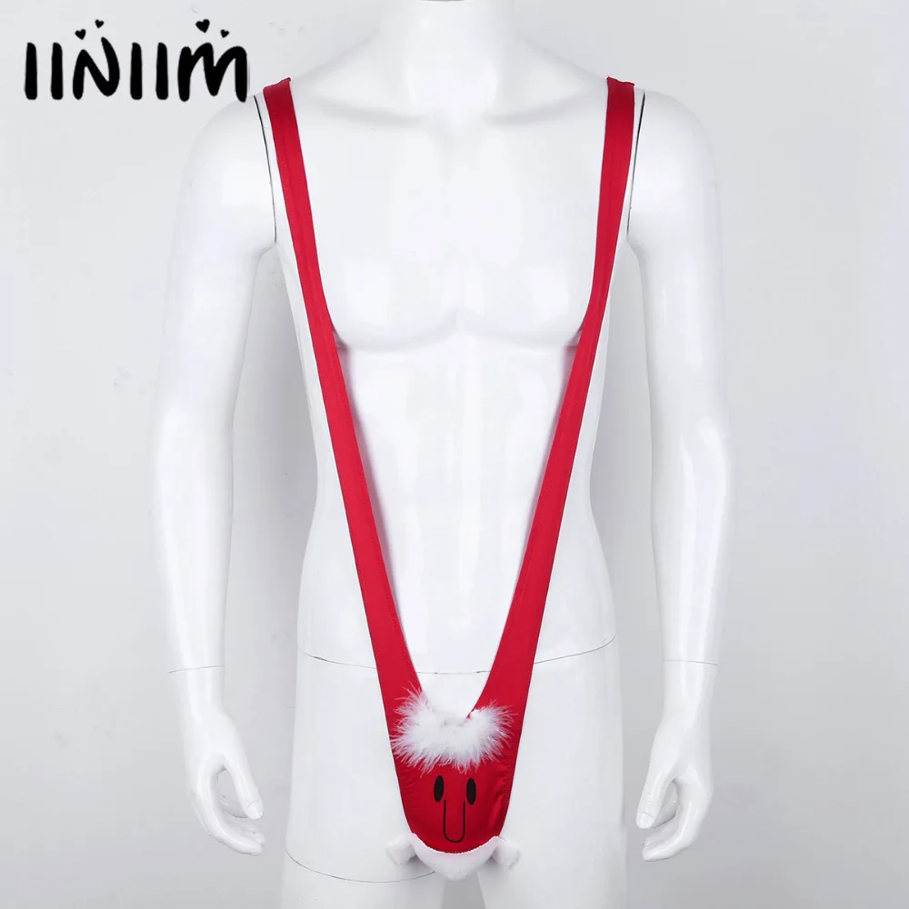 Mens One piece Christmas Pattern Mankini Thong Homme Sissy Panties Novelty Costume Party