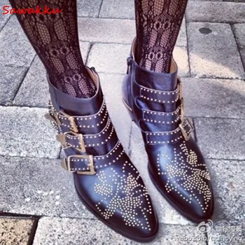 

Popular Design Susanna Ankle Boots Rivets Embroidered Genuine Leather Low Heels Shoes Women Velvet Martin Boots Zapatos Mujer