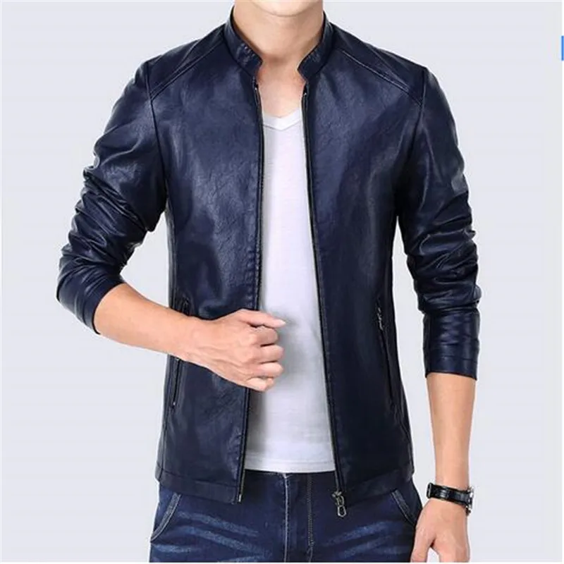 Korean Slim Fit Faux Leather Jacket Men Zipper Pockets 2017 Fashion Autumn Men's Jackets Black Blue Red Windbreaker Coat Male