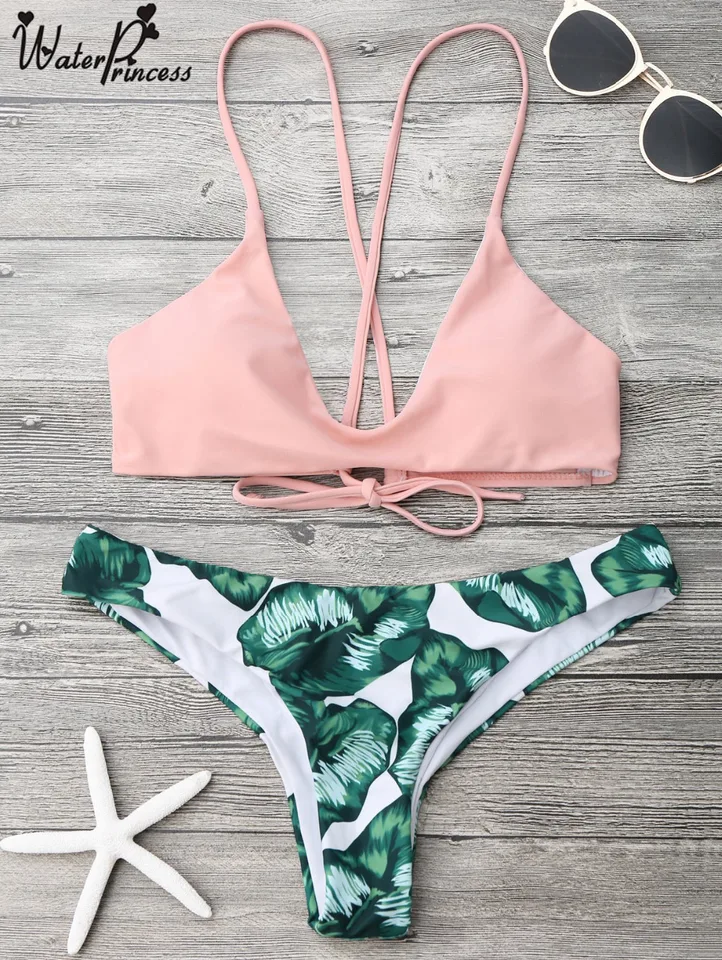 pink swimsuit with palm leaves