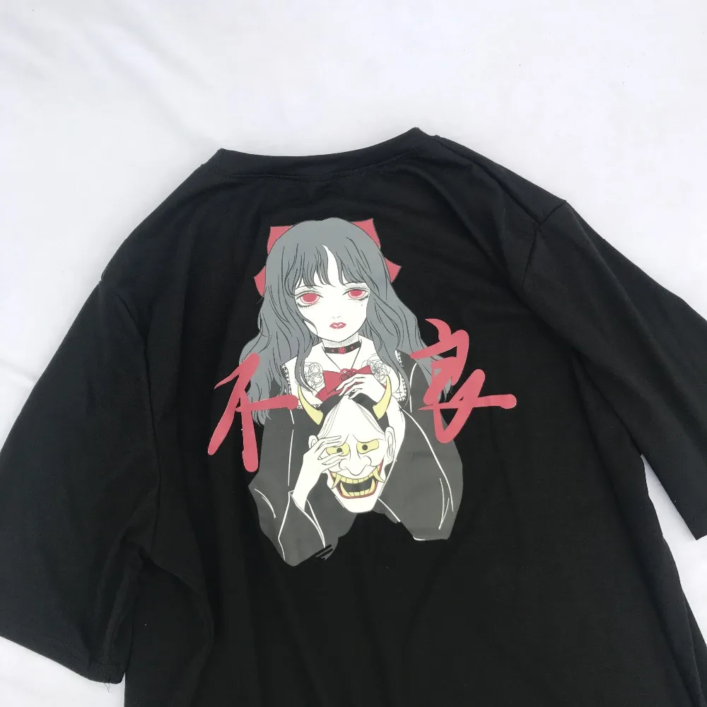 Летняя Темно-Черная Женская футболка в японском стиле Харадзюку, готический стиль, Повседневная футболка с графическим рисунком, женские футболки с принтом аниме Kawaii