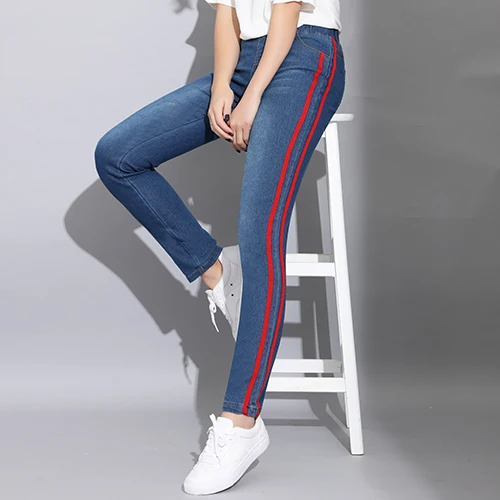 5XL размера плюс, джинсовые обтягивающие джинсы, женские узкие брюки, женские джинсы со средней талией, с боковыми полосками, повседневные узкие джинсы, женские джинсы - Цвет: Красный