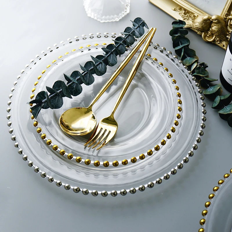 Gold Rim glass pearl tray transparent glass beads plate fruit cake Western dish plate golden edge plate (9)