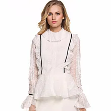Del Otoño Del resorte de Encaje Blanco Peplum Blusa de Las Mujeres Camisa Femenina Femininas Top Ropa Ropa Femenina Femme Chemise Señora Túnica 2016