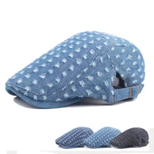 HUISHEN001 осень Для женщин повседневный рваный джинсовый берет Шапки Новые однотонные Для мужчин хлопок Casquette Гольф береты с закруглёнными краями и пуговицей сверху Шапки