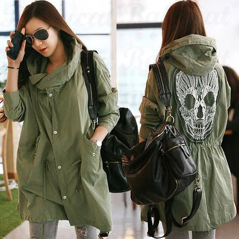 Buy Women skull Parka Coat Hooded Jacket Army Green S