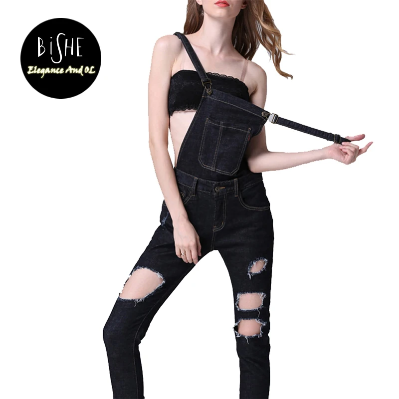 

BiSHE 2017 Autumn Womens Denim Overalls Ripped Jeans Female Jumpsuits Office Casual Hole Pocket Sleeveless Jumpsuits Pant