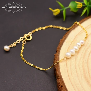 

GLSEEVO 925 Sterling Silver Natural Fresh Water Pearl Adjustable Bracelet For Women Party Gift Fine Jewelry Cufflinks GB0143