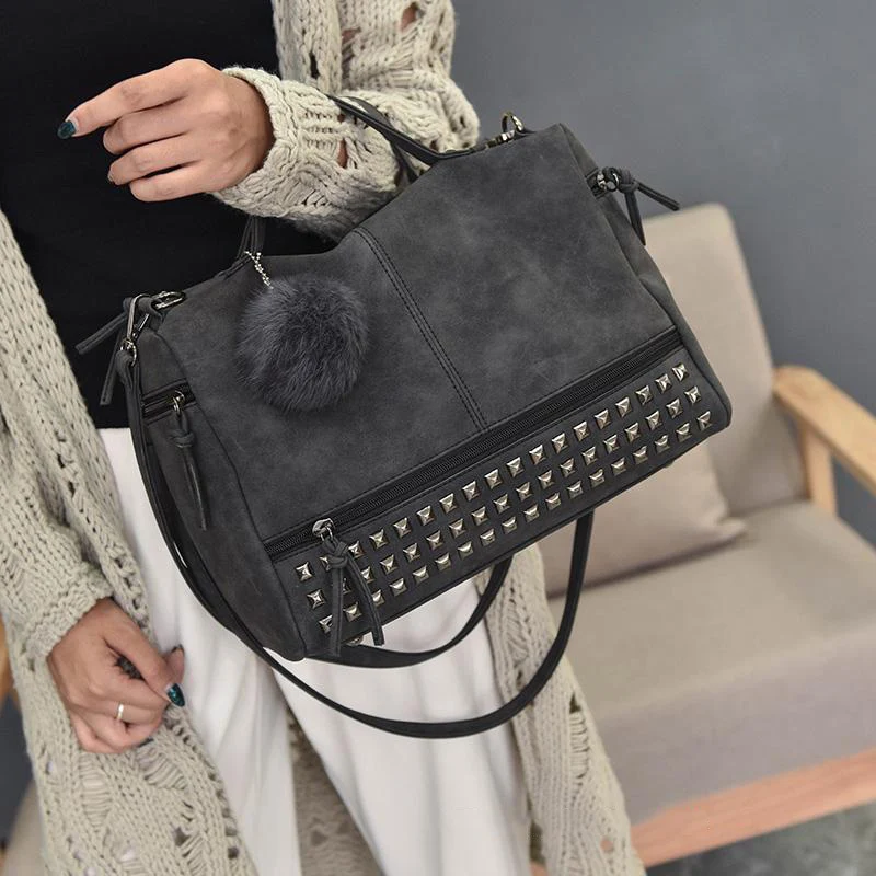Women Shoulder Bag PU Leather Vintage Female Top-handle Bags Rivet Design Large Ladies Pompon Handbags Girls Bags Bolsa SS0344 (10)