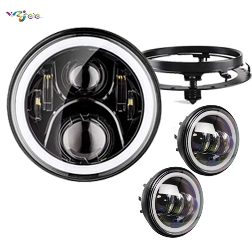 Halo Ring Light Set DOT Approved Motorcycle 7 Inch LED Headlight+ 2x 4-1/2" Fog Light Passing Lamps for Motorcycle - Color: black set A