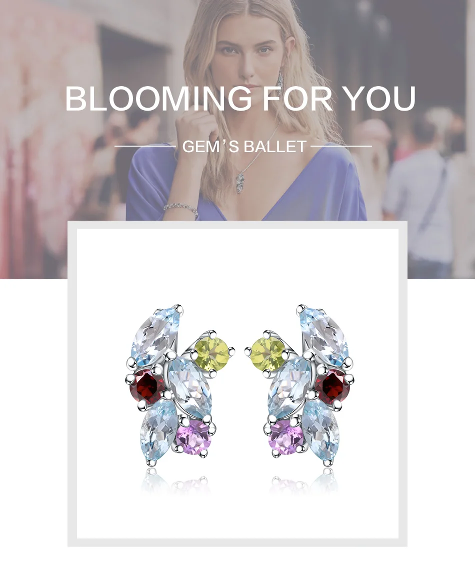 Gem's Ballet 925 Sterling Silver Jewelry Multicolor Natural Sky Blue Topaz Garnet Peridot Amethyst Stud Earrings For Women