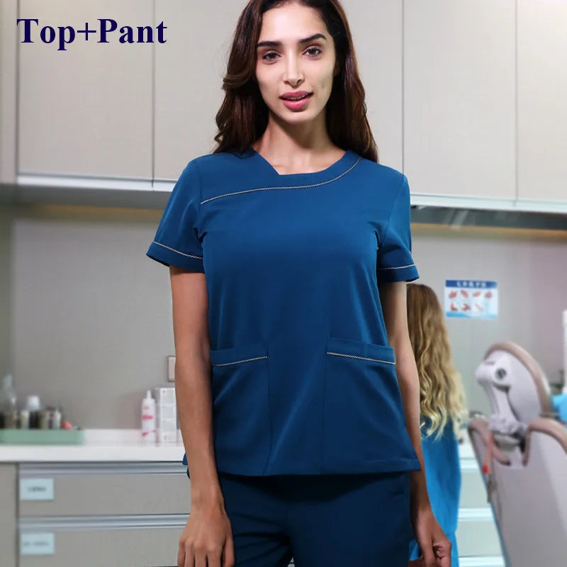 Lake Blue Summer Wrap Nurse Uniforms Medical Scrubs Doctor Scrub Suit Nurse Top and Pant Infinity Stretch Dentist Workwear - Цвет: Lake Blue