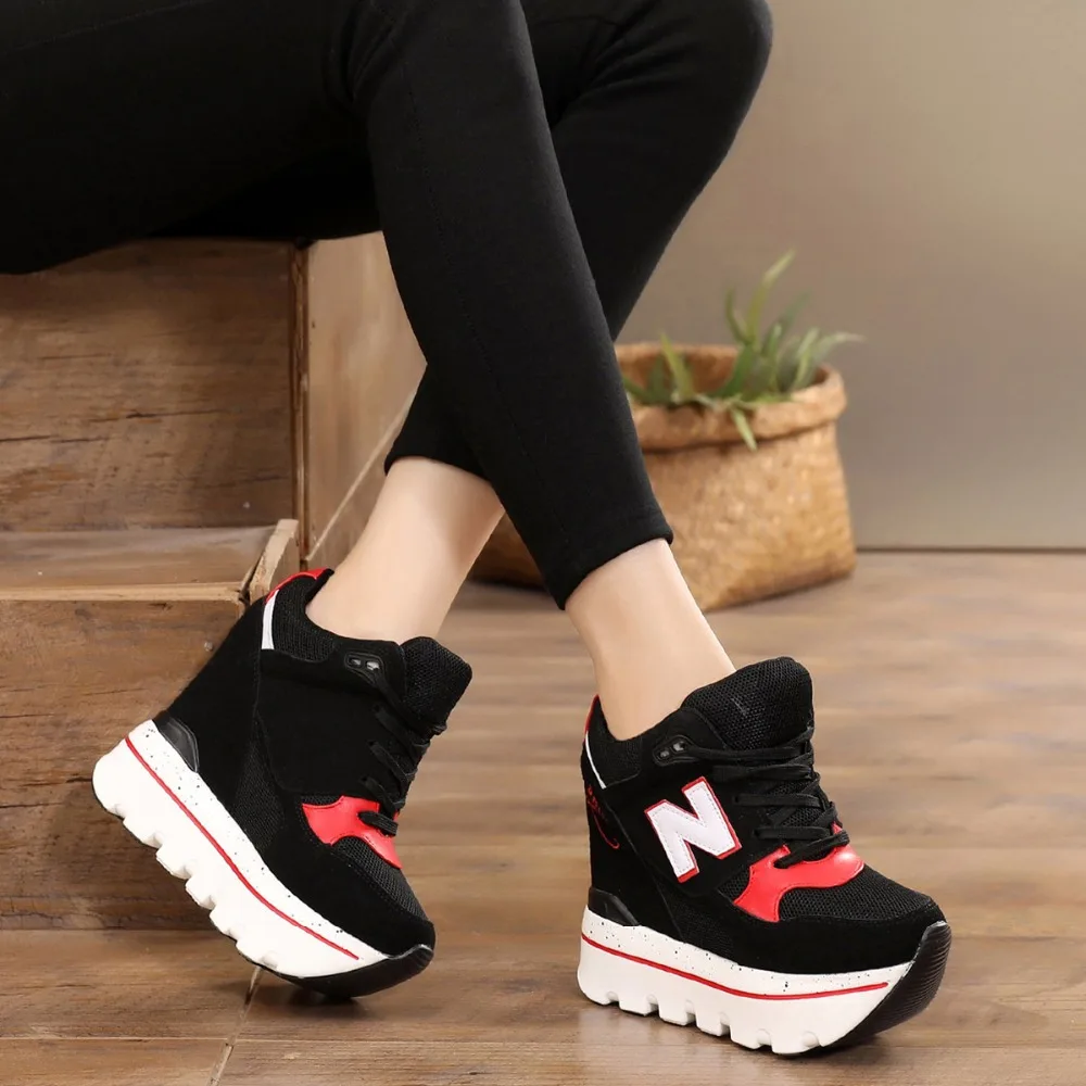 2019 Woman Platform Shoes Hidden Heel Height Increasing Mesh Casual Wedges Shoes Female Chaussure Femme 11cm Heels Sneakers