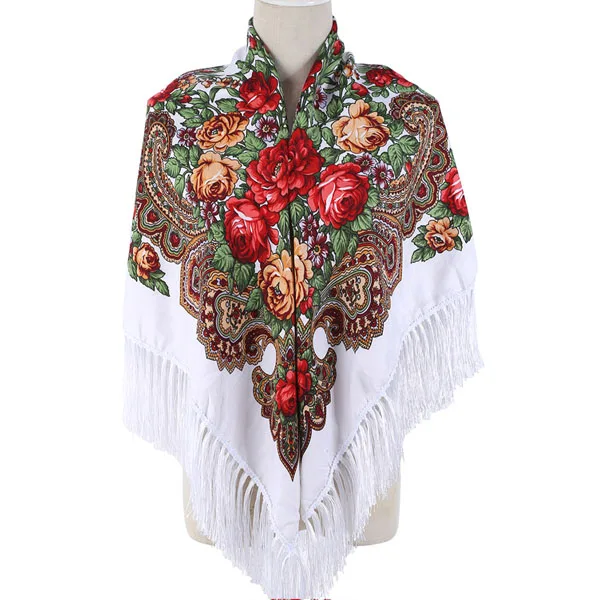 Роскошный бренд для женщин шарф с принтом русский этнический стиль хлопок цветочный узор кисточка зимний теплый квадратный шарф-одеяло - Цвет: White