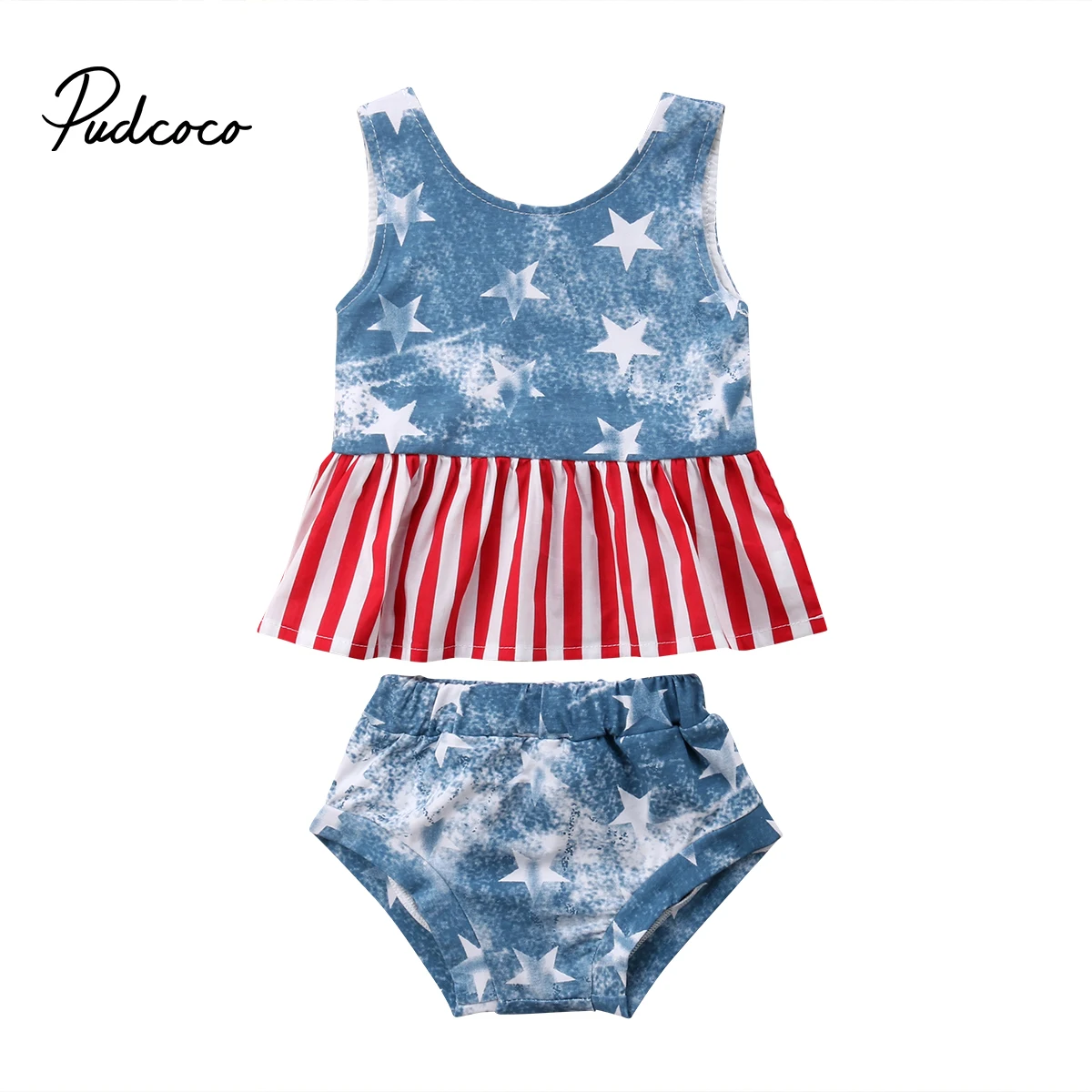 

Pudcoco Toddler Kids Girls 4th of July Clothes Star Print Vest Tops T Shirt Shorts Pants Outfits Set Summer Infant Clothing