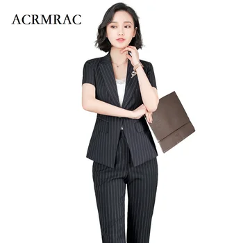 

ACRMRAC Women summer The New 2018 stripe Short sleeve Slim jacket Ankle-Length Pants OL Formal Pant Suits
