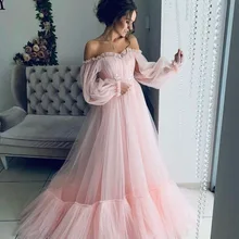 Нежно-розовый тюль вечернее платье ТРАПЕЦИЕВИДНОЕ с длинным рукавом возлюбленной шеи длинное вечернее платье для беременных женщин abiye