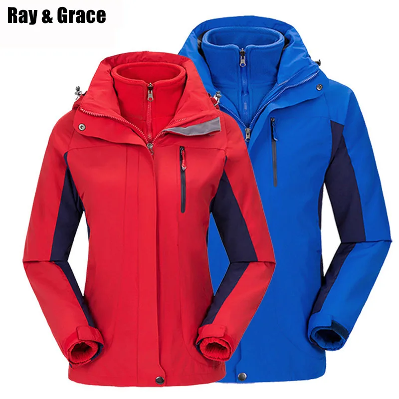 

RAY GRACE Winter Men Hiking Jacket Waterproof 3 in 1 Women Windproof Thermal Fleece Outdoor Coats Windbreaker Hooded Clothing