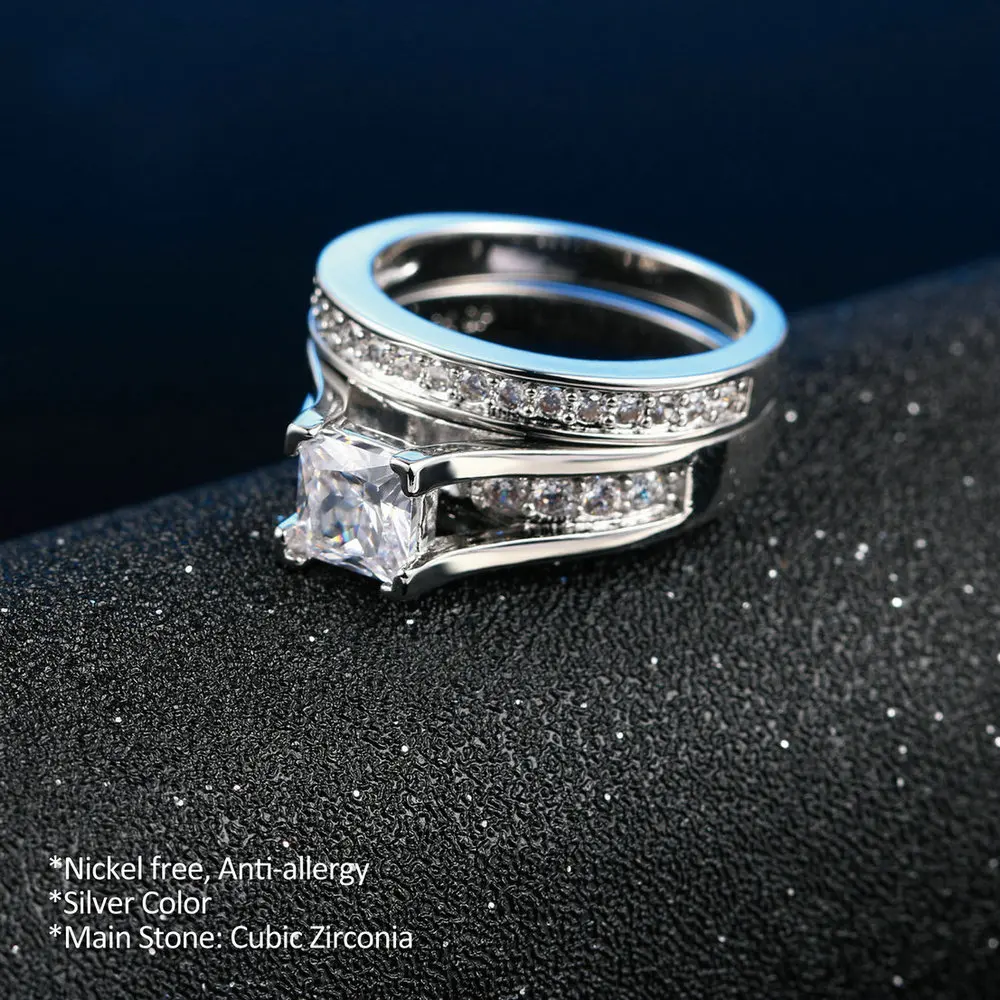 Double Fair Silver Color 0.5ct AAA Cubic Zirconia Studded Rings Fashion Wedding & Engagement Ring Set For Women DFR570