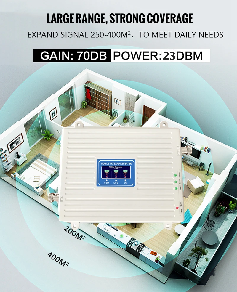 70dB Gain 2g 3g 4g Tri Band Signal Booster 900 1800 2100 GSM WCDMA UMTS LTE Cellular Repeater 90018002100mhz Amplifier kit (9)
