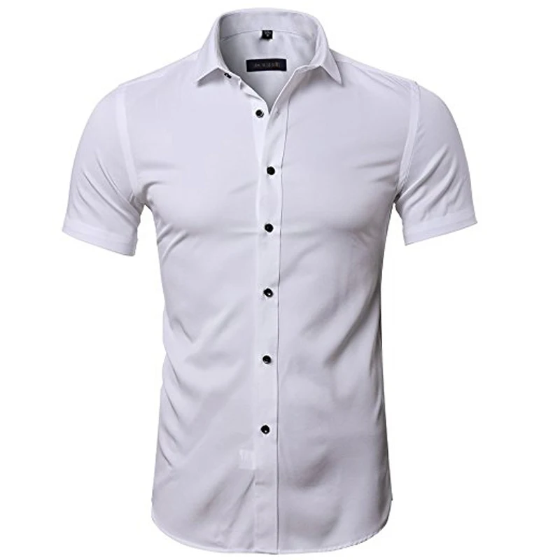 Мужские рубашки из бамбукового волокна, приталенные одноцветные рубашки с длинным рукавом, повседневные рубашки на пуговицах, мужские эластичные не железные рубашки, простая в уходе официальная рубашка - Цвет: White
