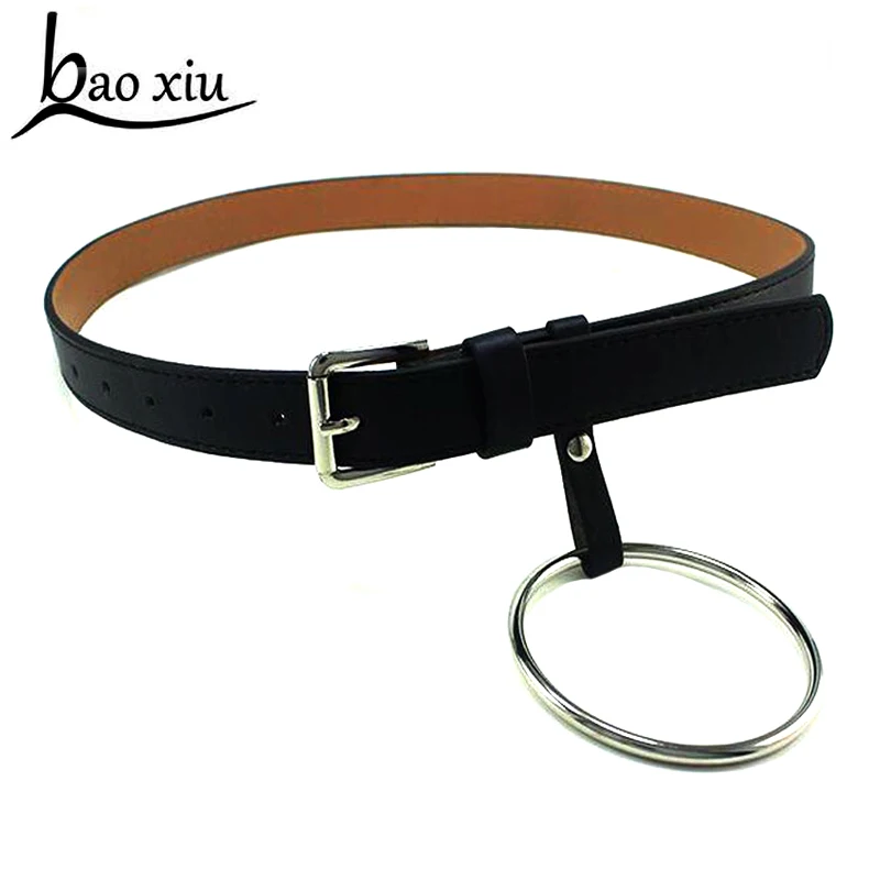 

2017 new fashion pu Leather Belt Female Round Metal silver big Circle 2.5cm Thin Belts For Women accessories