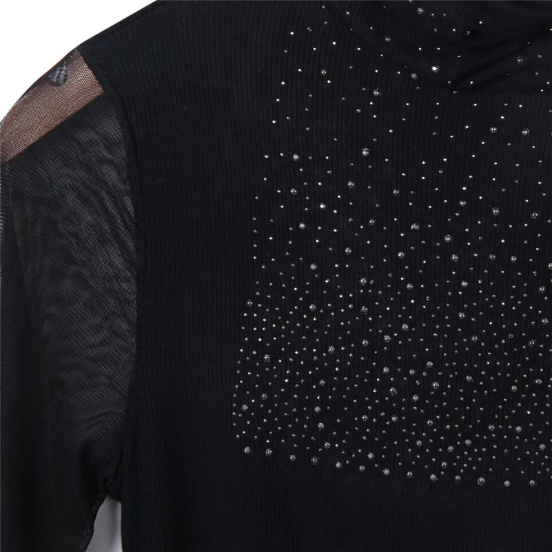 Женские топы, черная водолазка, блуза с длинным рукавом, сетчатые тонкие базовые Топы, свитер со стразами