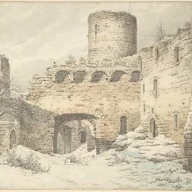 Winter View of the Courtyard of a Medieval Castle in Ruins Poster Print by Julius von Leypold (German  Dresden 1806–1874