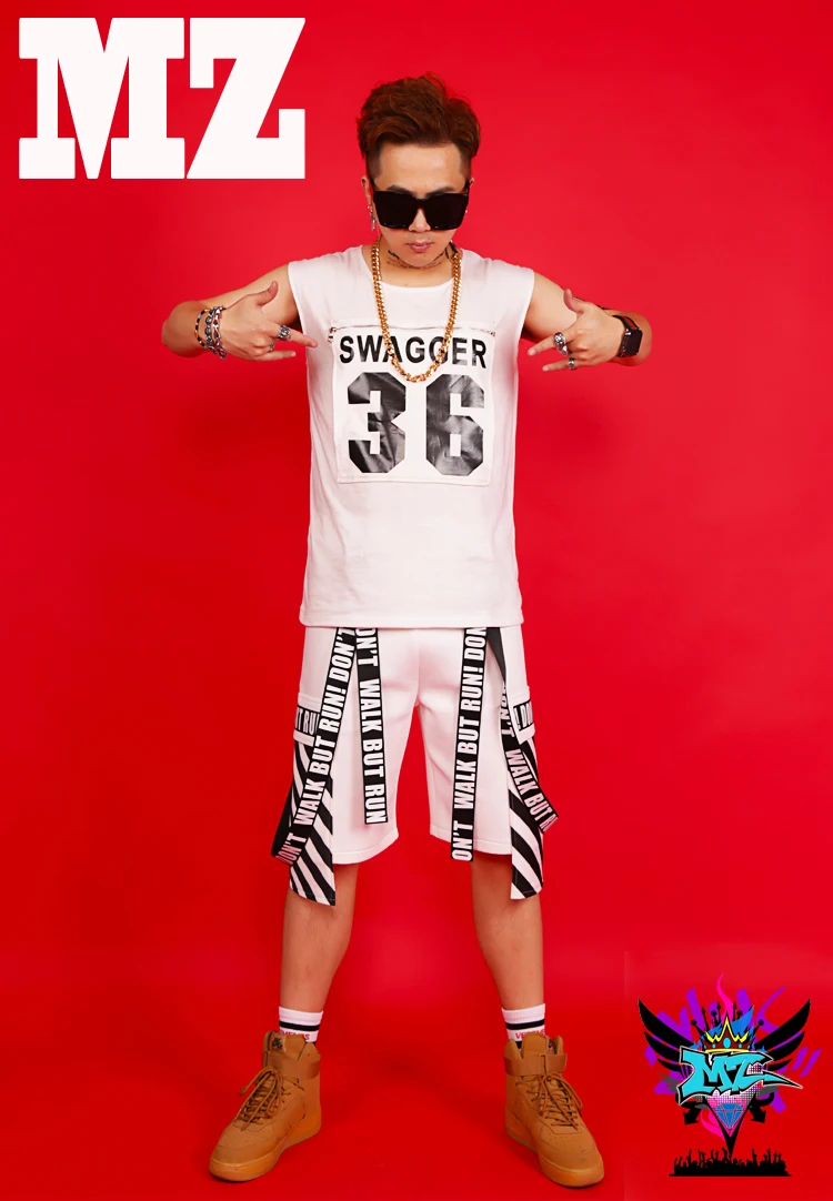 В Стиле Хип-хоп в стиле хип-хоп личность тенденция певец Производительность костюм мужчины тонкий стиль жилет футболка Топы + Шорты DS этап
