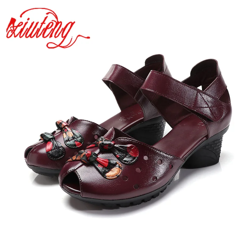 

Xiuteng Women Pumps Real Leather Thick Heels Shoes Women Casual Peep Toe Nationality Designer Shoes For Monther Gift Size 36-41