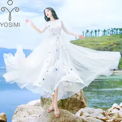 YOSIMI 2018 Лето Макси элегантное вуаль Цветочная вышивка длинное женское платье Вечеринка бальное платье с круглым вырезом до щиколотки