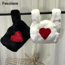 Женские мягкие меховая сумка сердце узор большая емкость сумки с кисточкой top handle satchel сумка сумочка тоут