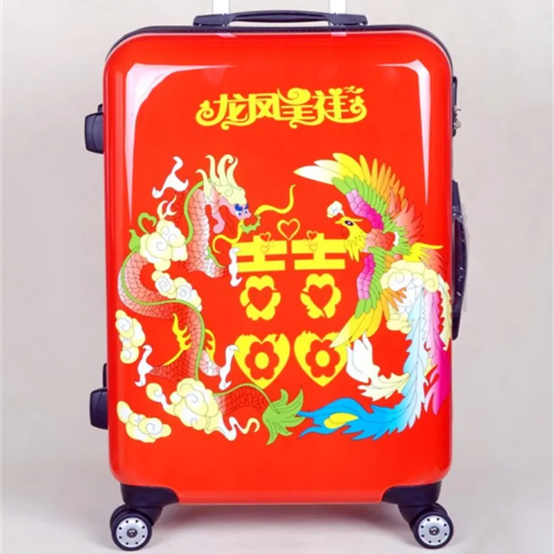 Fashion High Quality Rolling Men Luggage Bag On Wheels Women Festive red PC+ABS Travel Trolley marry Suitcase Bags 20 24 Inches