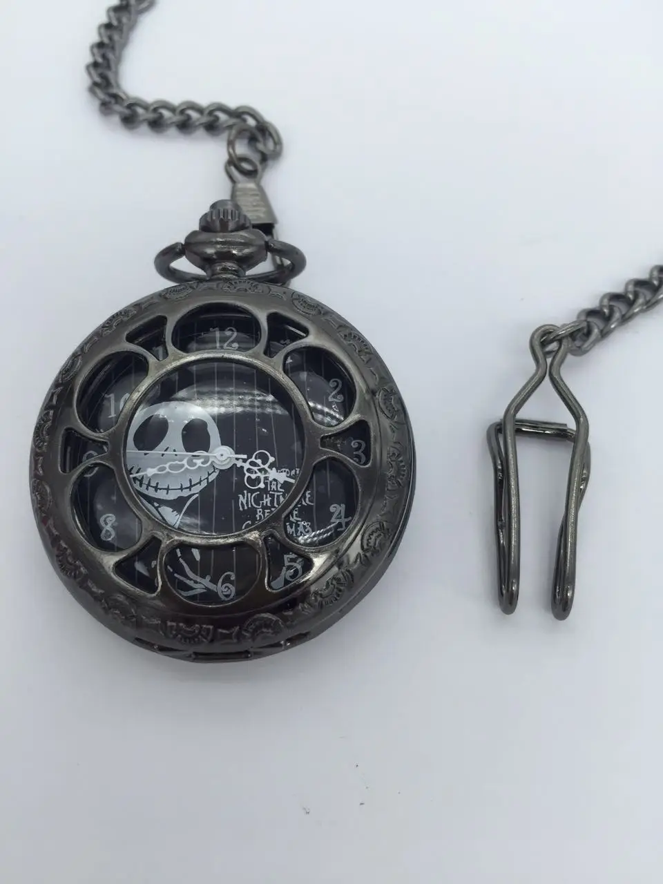Vintage Black Sunflower Hollow Out Nightmare Before Christmas Pocket Watches Fob Chain