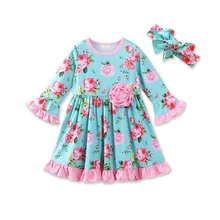 0-3Y 2017 Newest Child Baby Kids Girl Sweet Floral Flower Long Ruched Sleeve Party Frills Dresses Headband Cute Clothes 2PCS Set