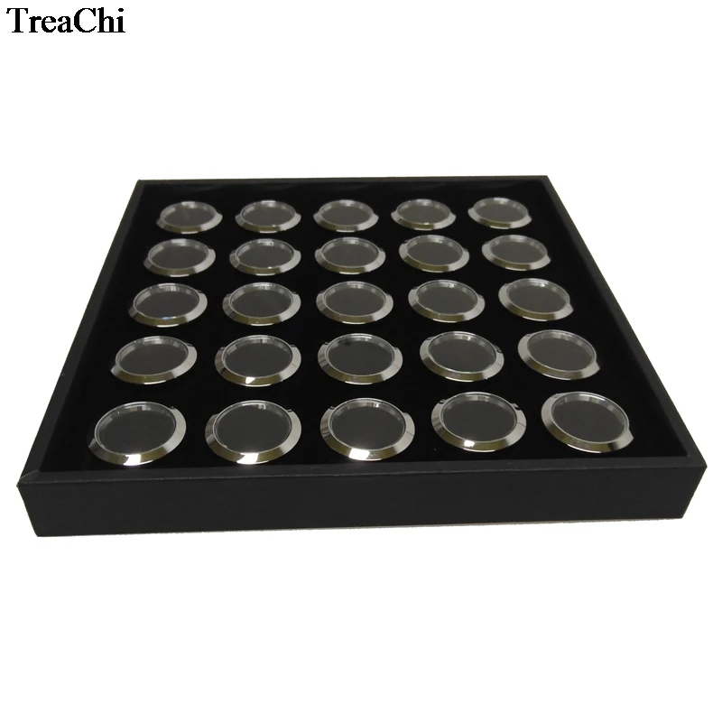 Black  25 Round Cells Diamond Gemstone Tray With 25 Pcs Round Metal Gem Display Beads Pear Storage Exhibition Collection Box