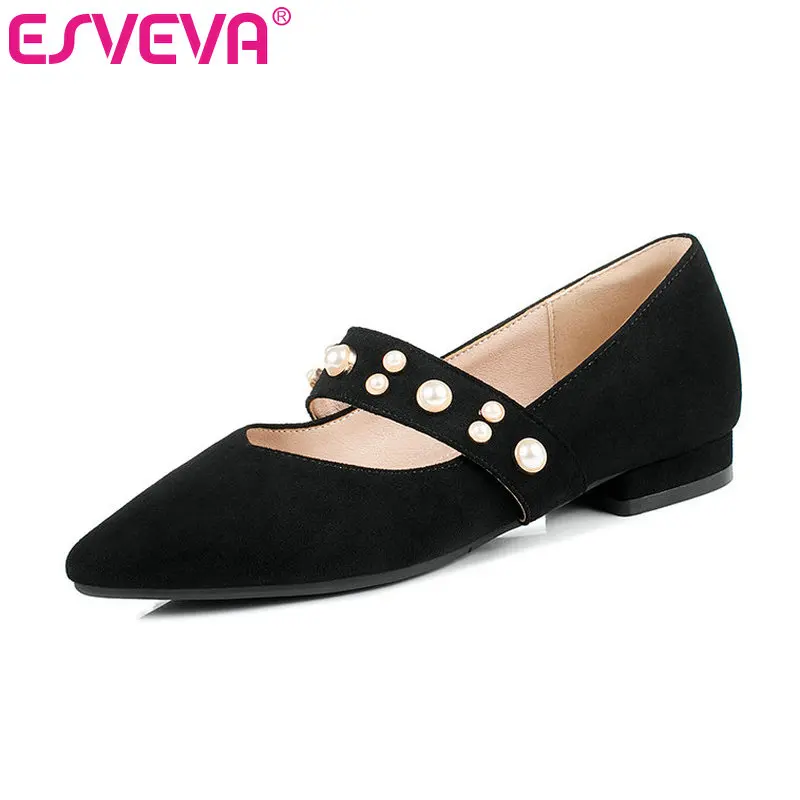 

ESVEVA 2019 Women Pumps Square Low Heel Flock Buckle Pointed Toe Solid Platform Shoes String Bead Spring/Autumn Beige Size 34-43