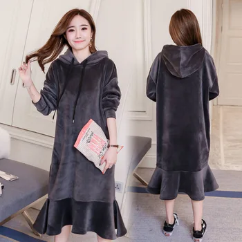 

New Autumn Winter Women Hoodies Sweatshirt Dresses Plus Size Loose Solid Ruffles Hem Hooded Sweatshirt Dress For Women One-Piece