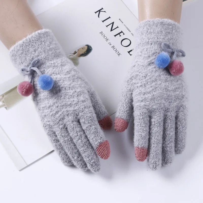 Women Touch Screen Full Finger Glove Winter Gloves Stretch Knit Mittens with PomPom Imitation Wool Keep Warm Female Mittens