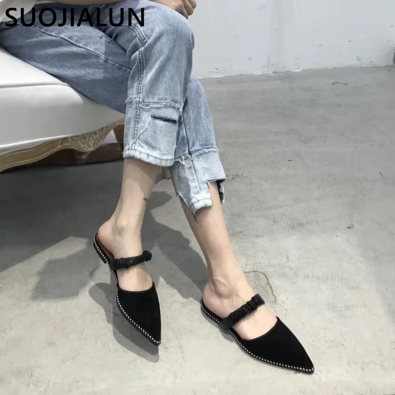 

Summer Women Mules Shoes Slippers Point Toe Slip On Flat Slides Summer Low Heel Sandals Mules Casual Outdoor