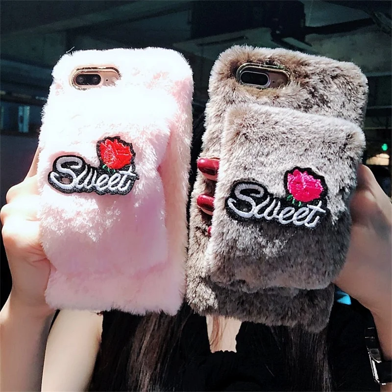 Lovely Rose Rabbit Plush Case For iPhone X 10 XR XS Max Warm Bunny