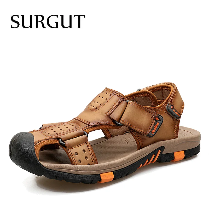 Мужские дышащие пляжные босоножки SURGUT, темно-коричневые сандалии на резиновой подошве, повседневные тапки из натуральной кожи, обувь 38-45 размеров для лета - Цвет: Light Brown