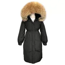 Для женщин белые куртки-пуховики на утином пуху Женская зимняя обувь теплая, длинная куртка-пуховик для девочек, длинный пуховик для девочек с натуральным мехом, с капюшоном, для девушек, тонкая уплотненная верхняя одежда F718