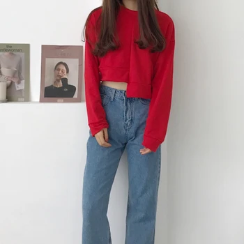 

4 colors 2018 spring and autumn streetwear irregular short design long sleeve sweatshirt womens tops (B0760)
