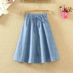 Лето-Осень 2019, женские юбки средней длины до колена, Корейская элегантная полосатая джинсовая юбка с бантом и высокой талией, Женская