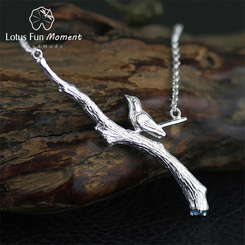 

Lotus Fun Moment Real 925 Sterling Silver Natural Stone Handmade Fashion Jewelry Bird on Branch Necklace with Pendant for Women